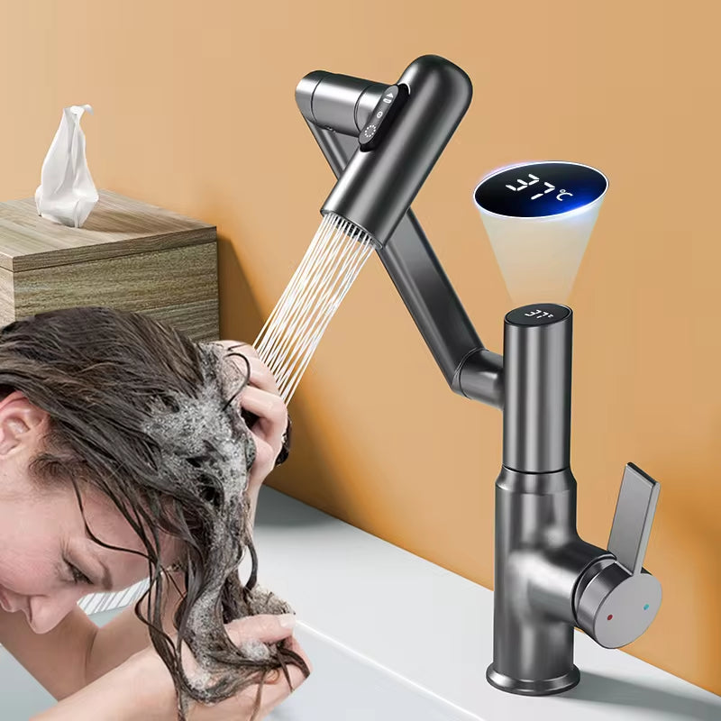 Digital Display LED Bathroom Faucet with 360-Degree Rotation and Multi-Function Spray for Hot and Cold Water Mixing