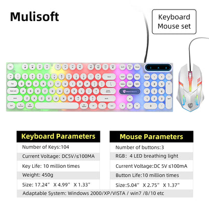 Gaming Keyboard and Mouse, Rainbow Backlit USB Wired Computer Mouse and Keyboard Combo, for Game, Office, White