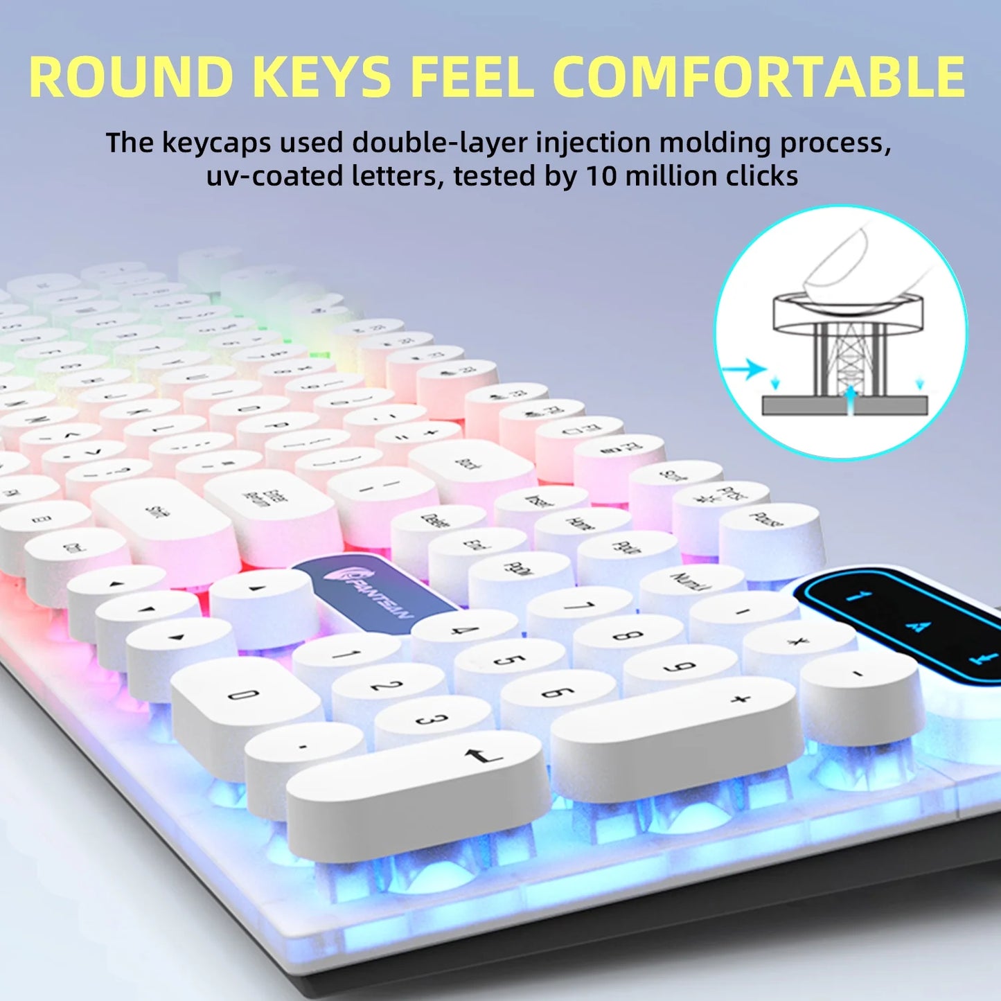 Gaming Keyboard and Mouse, Rainbow Backlit USB Wired Computer Mouse and Keyboard Combo, for Game, Office, White