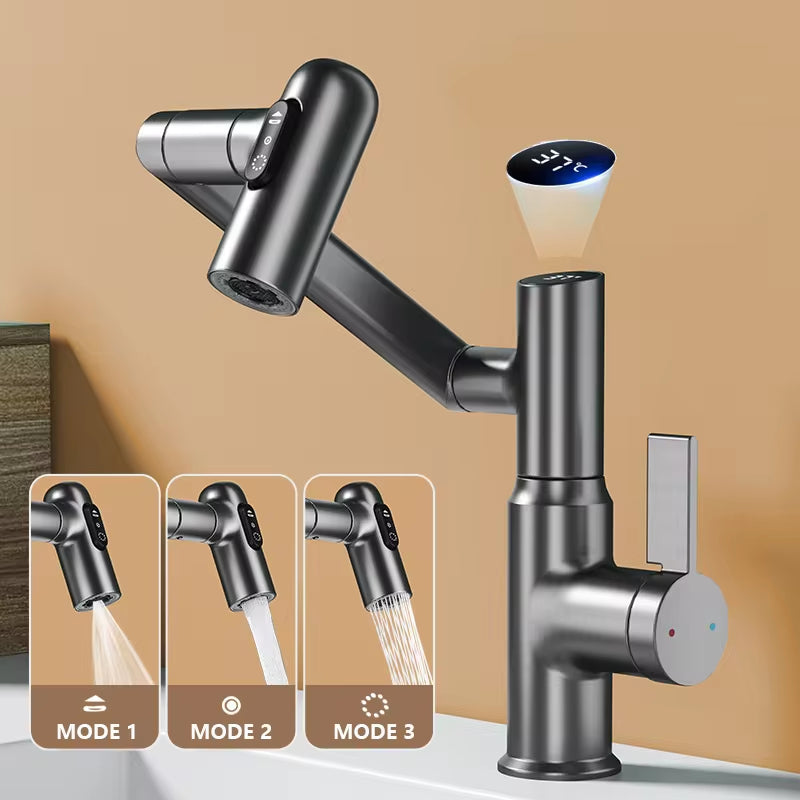 Digital Display LED Bathroom Faucet with 360-Degree Rotation and Multi-Function Spray for Hot and Cold Water Mixing