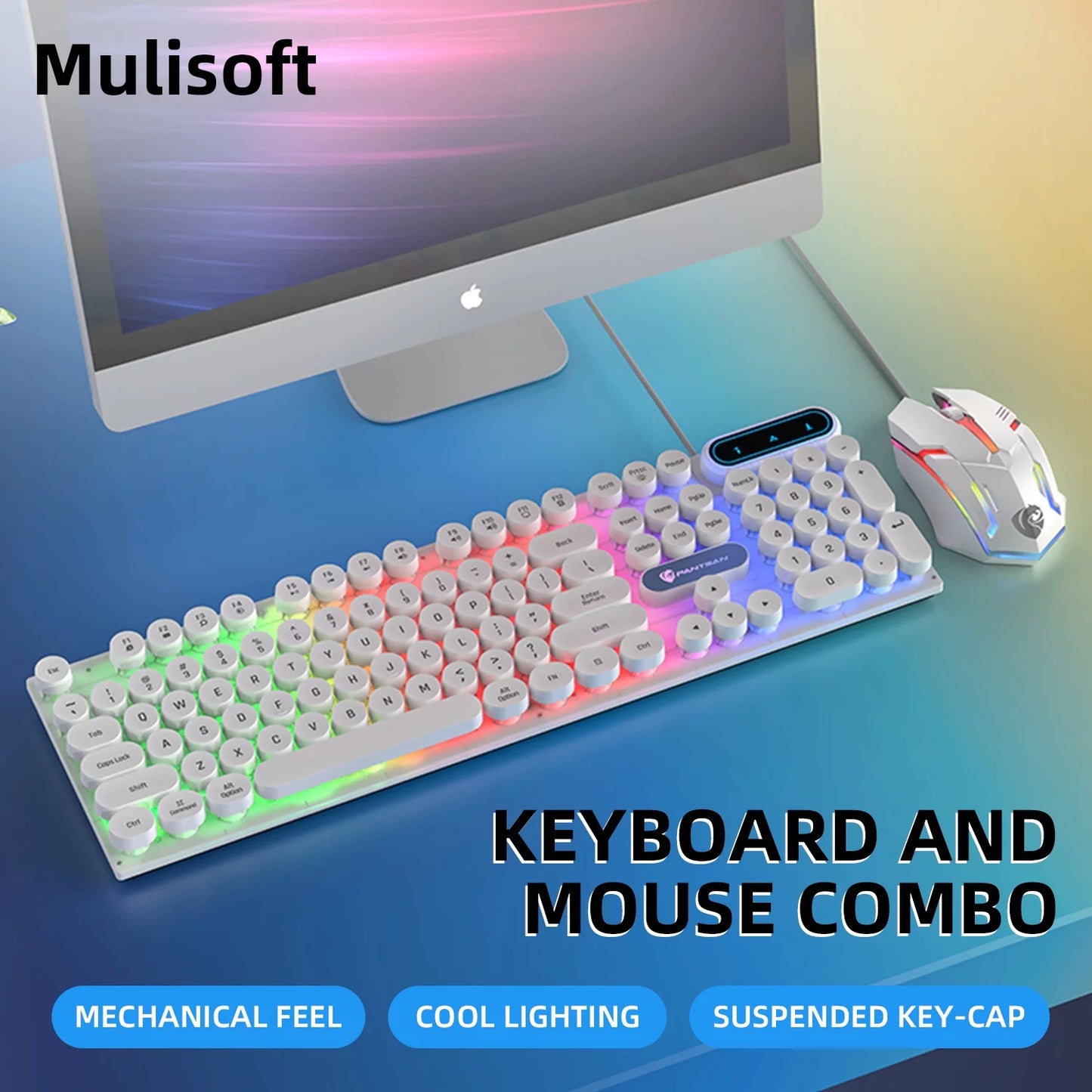 Gaming Keyboard and Mouse, Rainbow Backlit USB Wired Computer Mouse and Keyboard Combo, for Game, Office, White