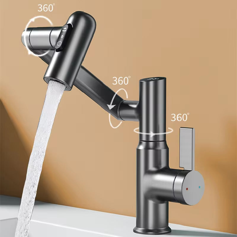 Digital Display LED Bathroom Faucet with 360-Degree Rotation and Multi-Function Spray for Hot and Cold Water Mixing