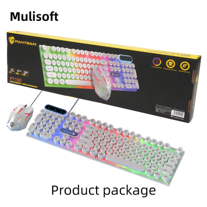 Gaming Keyboard and Mouse, Rainbow Backlit USB Wired Computer Mouse and Keyboard Combo, for Game, Office, White